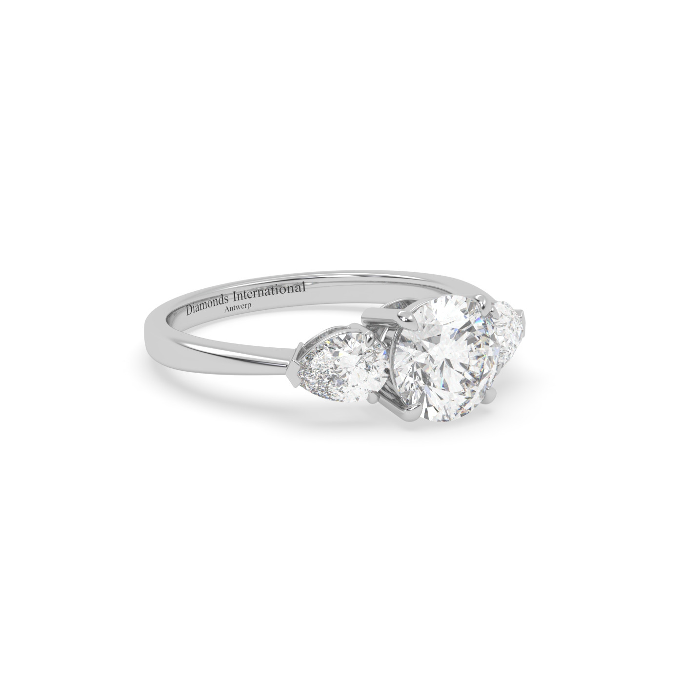 18k white gold  round & pear cut 3 stone diamond engagement  ring