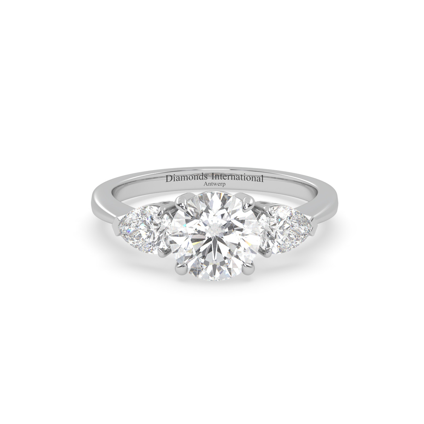 18k white gold  round & pear cut 3 stone diamond engagement  ring