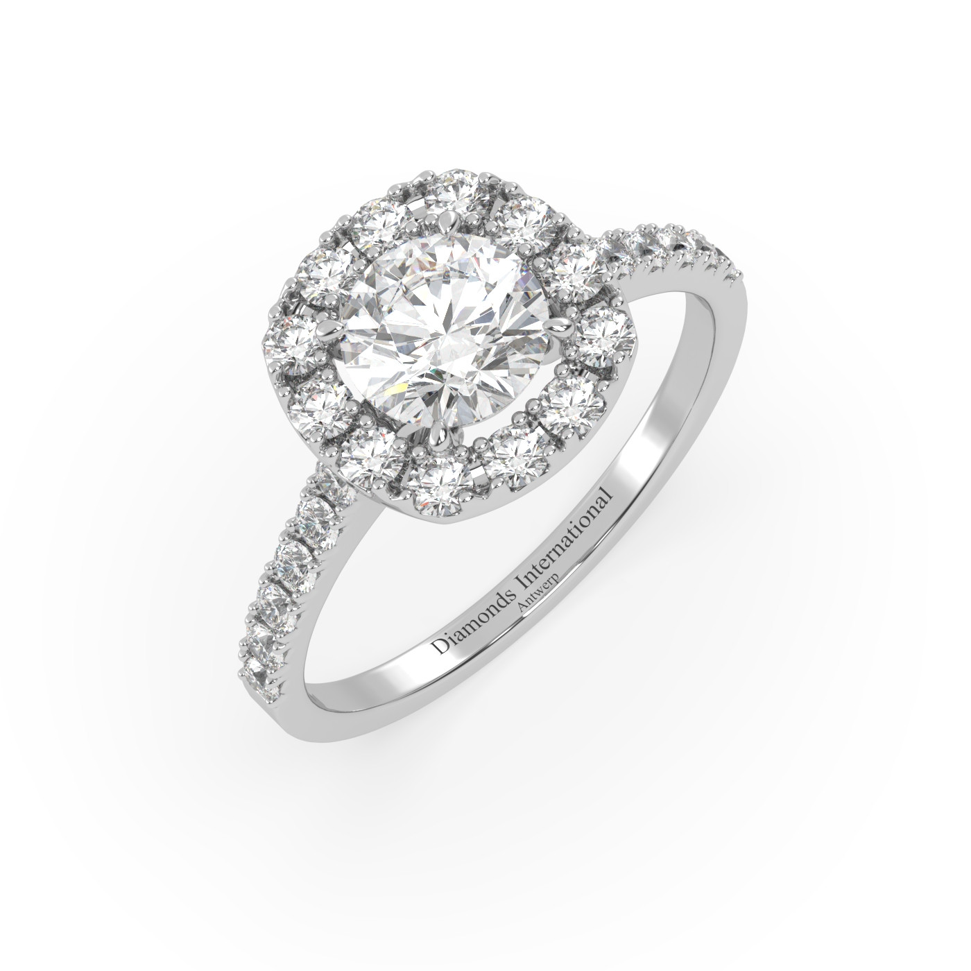 18k white gold  round cut halo diamond engagament ring with pave band