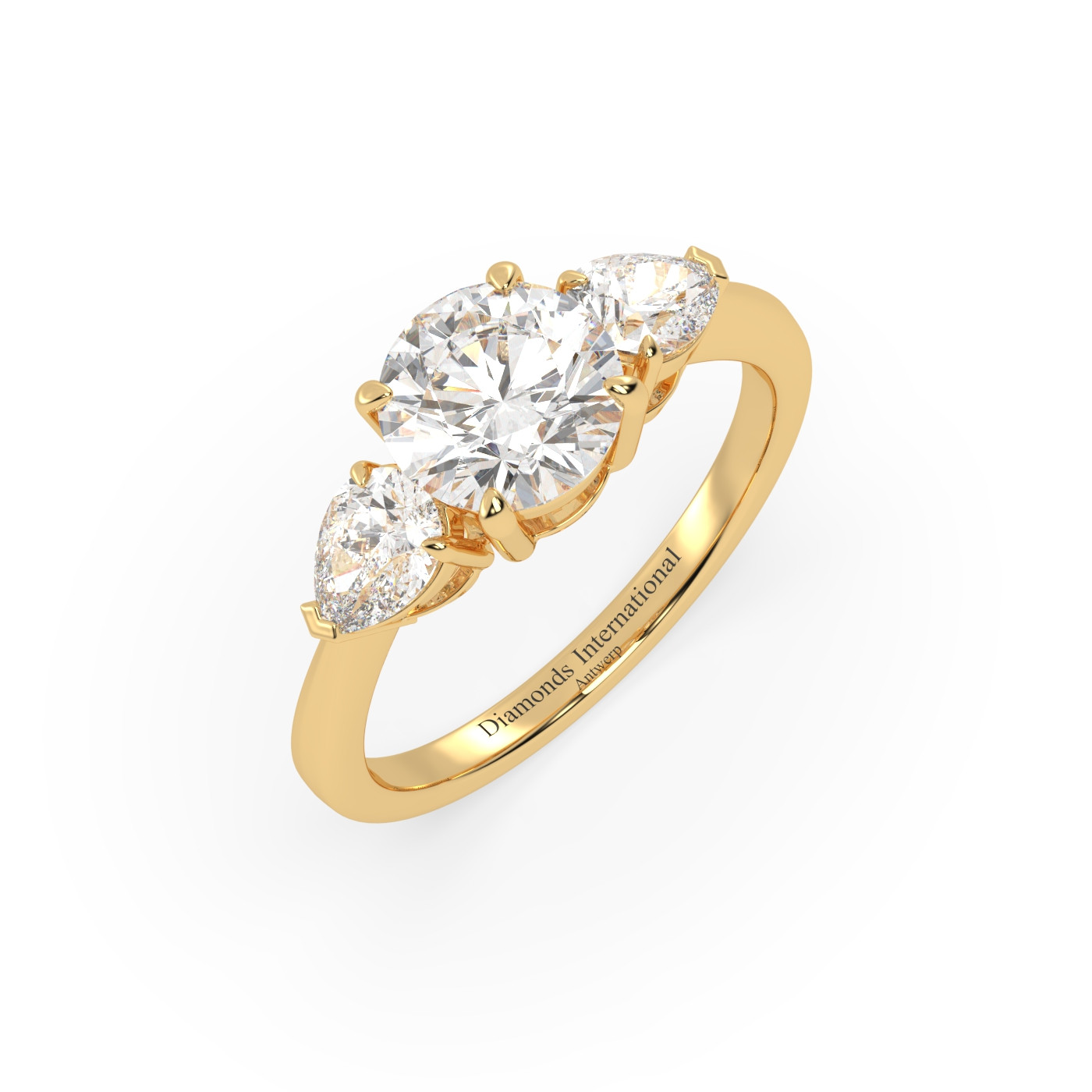 18k yellow gold  round & pear cut 3 stone diamond engagement  ring