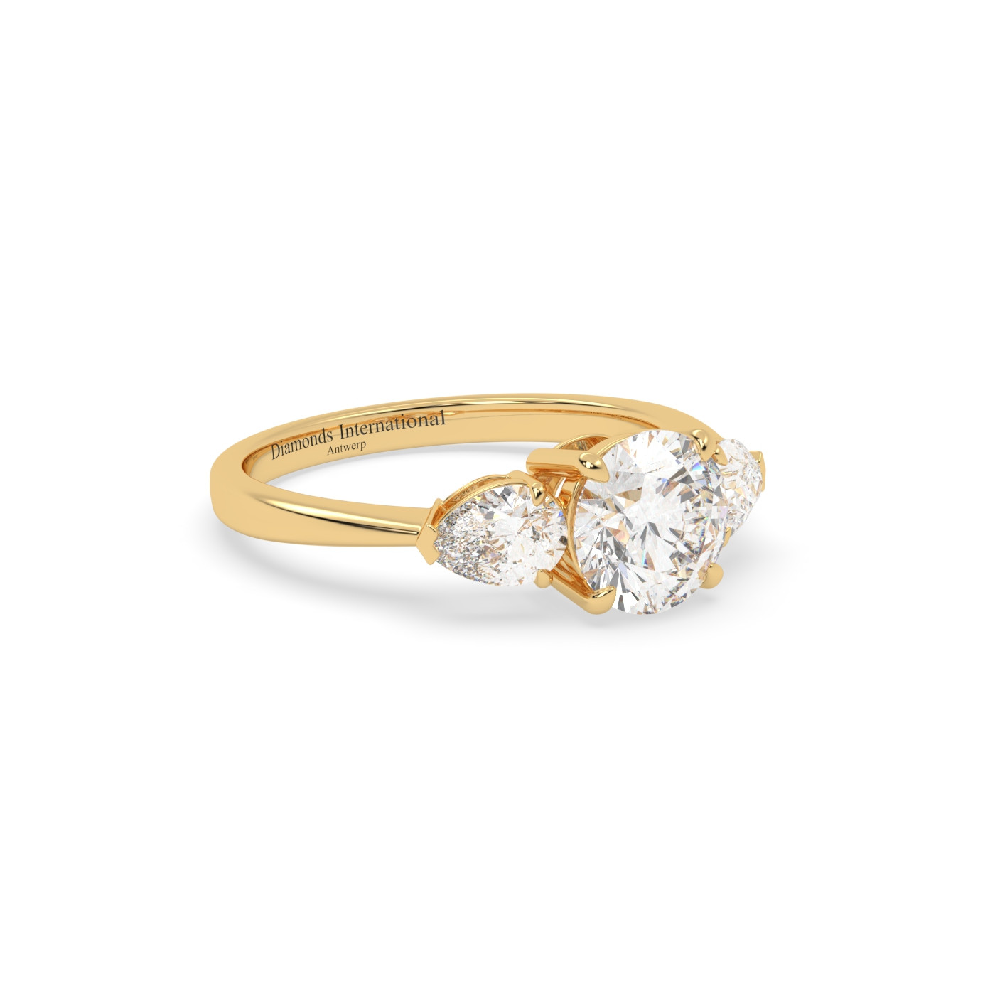 18k yellow gold  round & pear cut 3 stone diamond engagement  ring