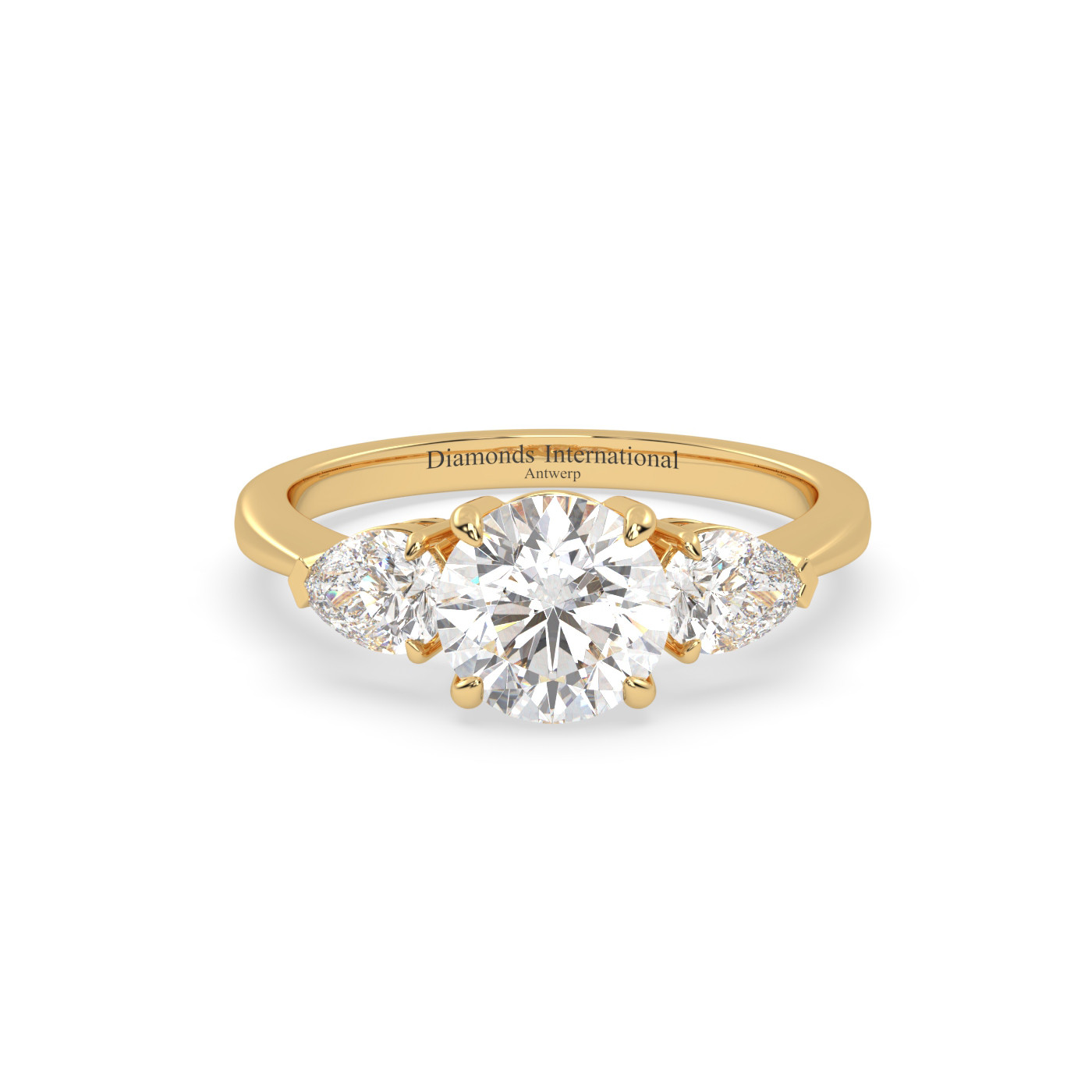 18k yellow gold  round & pear cut 3 stone diamond engagement  ring