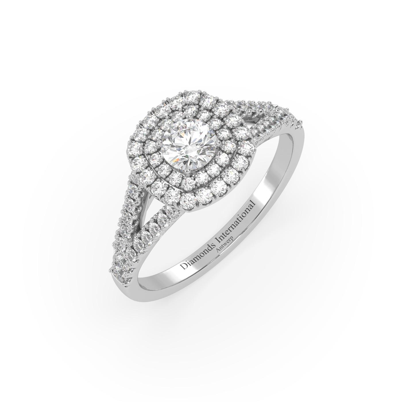18k white gold  round cut double halo split shank diamond engagament ring