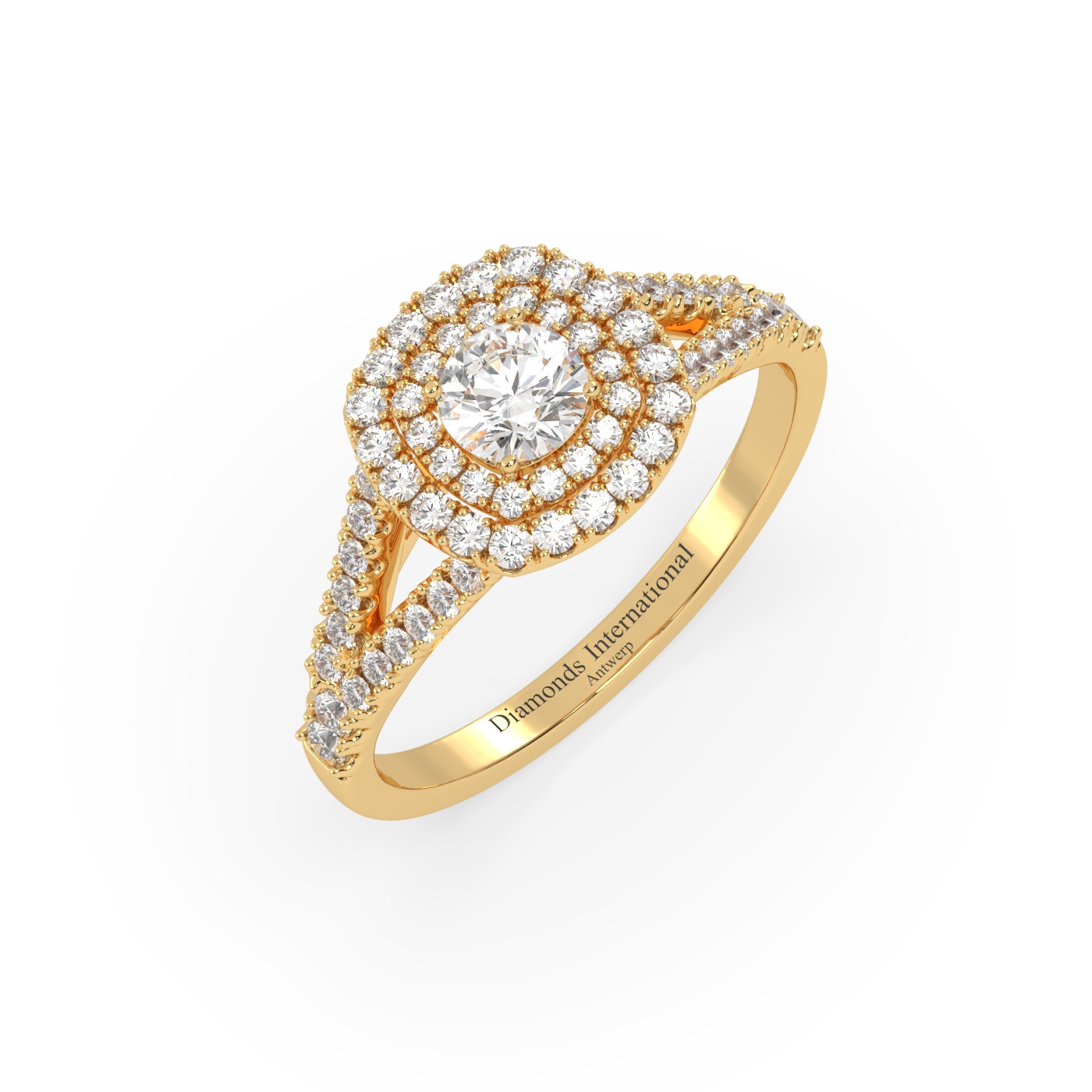 18k yellow gold  round cut double halo split shank diamond engagament ring