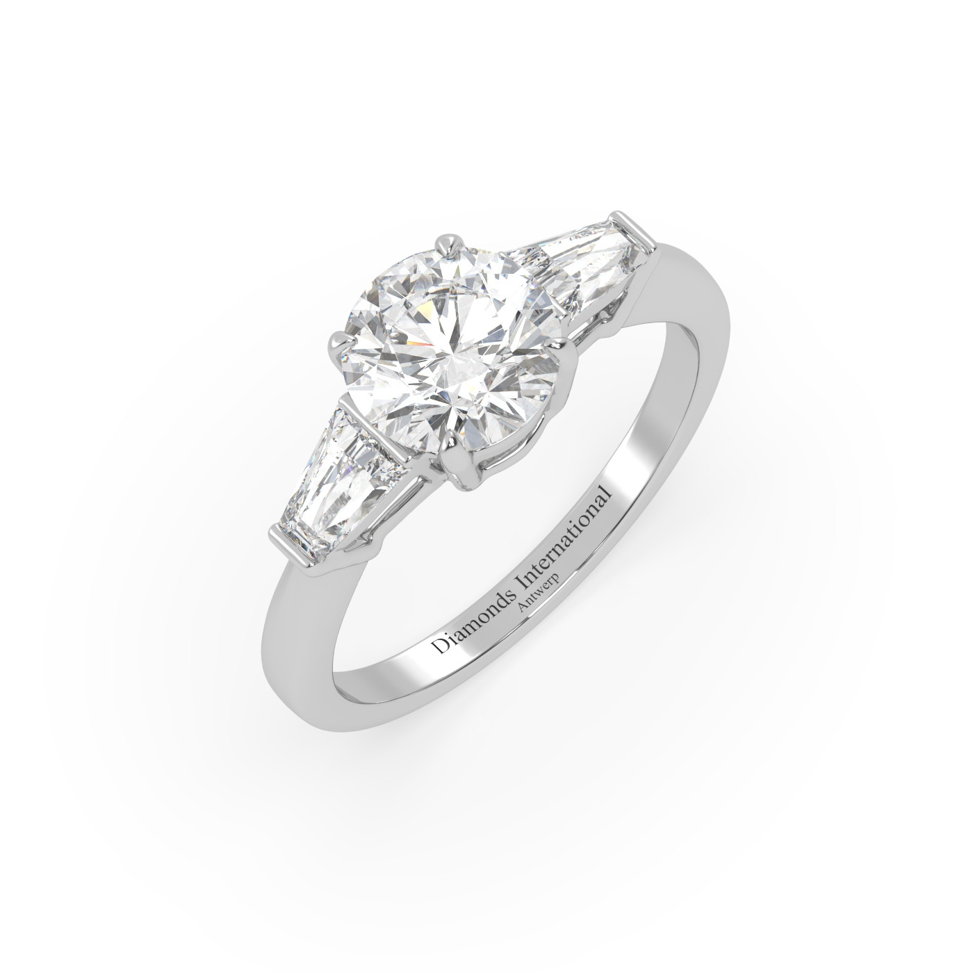 18k white gold  round & baguette cut 3 stone diamond engagement ring