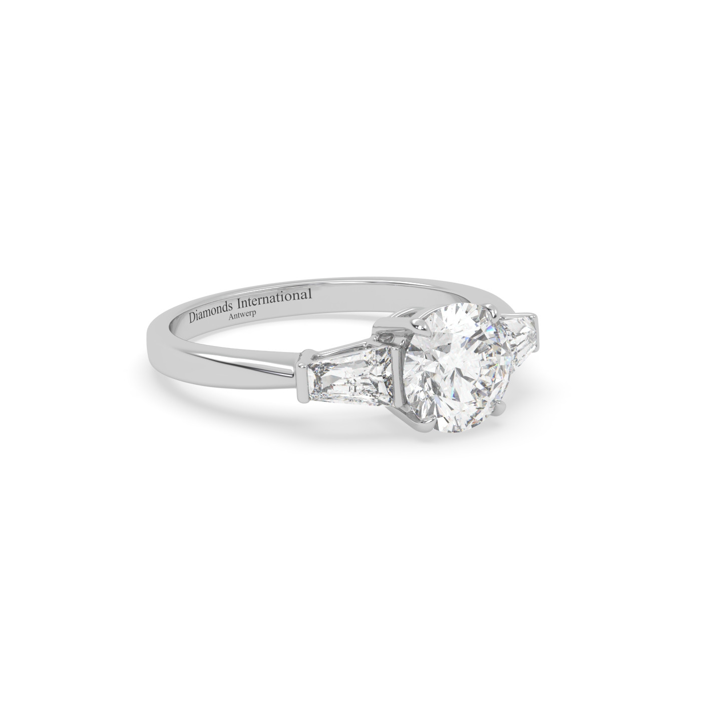 18k white gold  round & baguette cut 3 stone diamond engagement ring