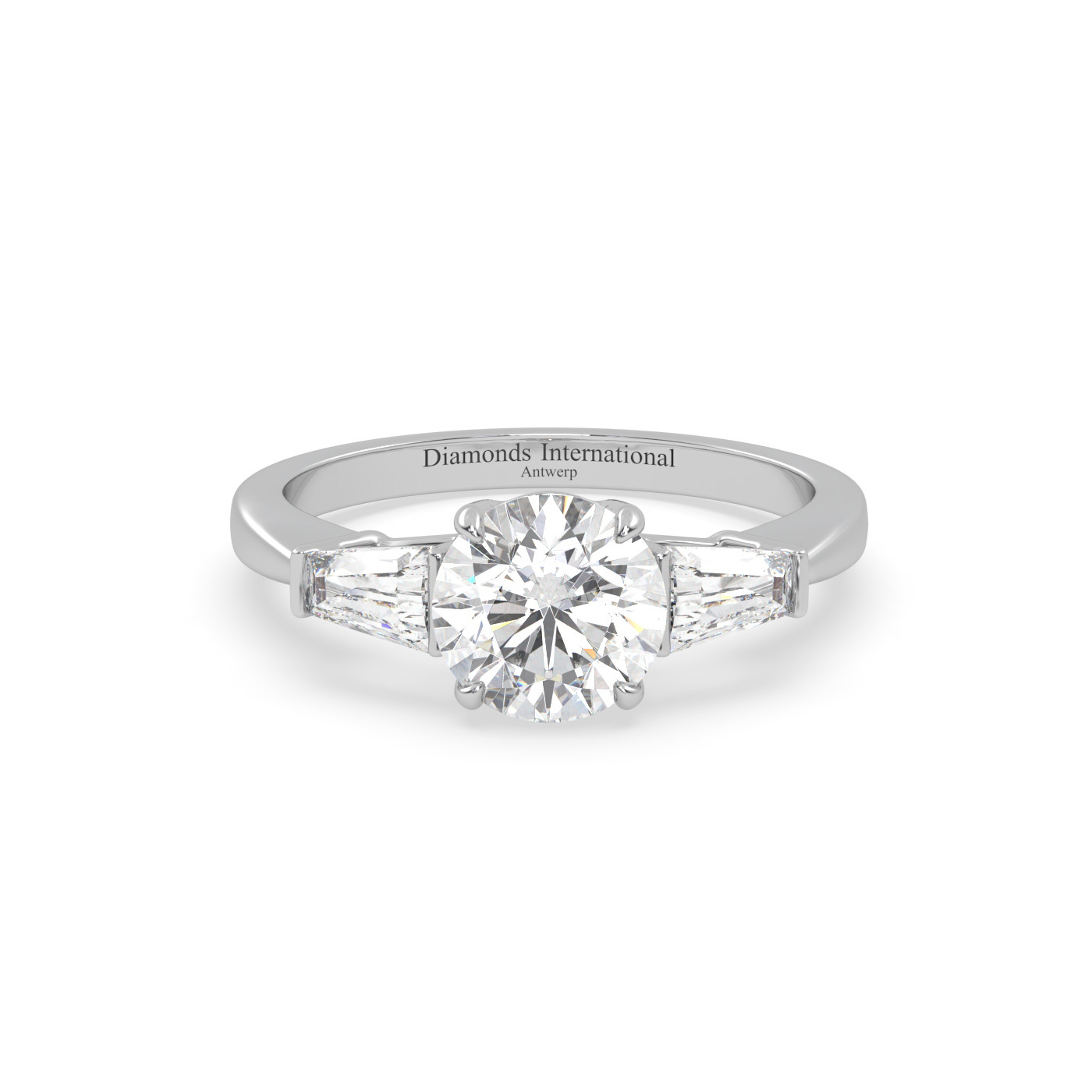 18k white gold  round & baguette cut 3 stone diamond engagement ring