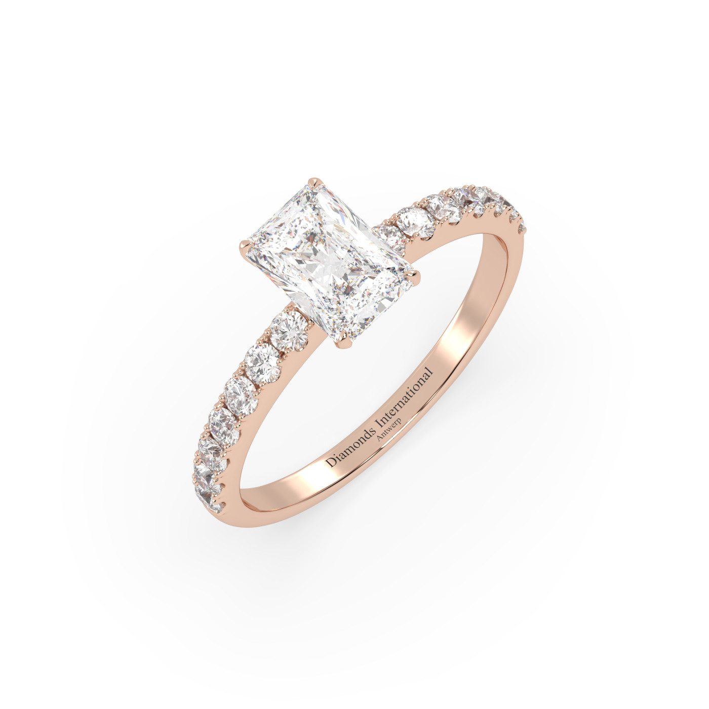 18k rose gold  radiant diamond engagament ring with pave band