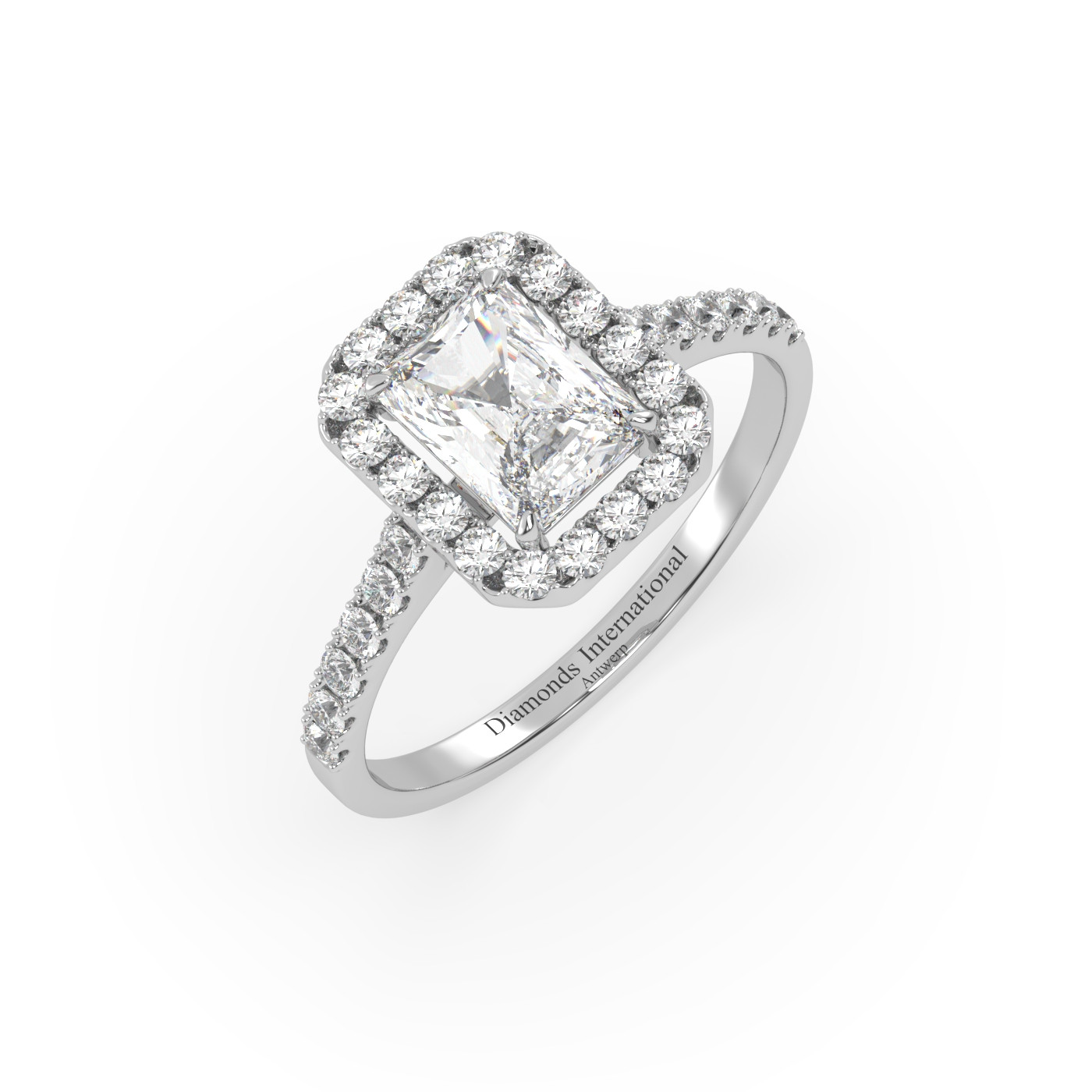 18k white gold  radiant cut halo style diamond engagement ring with pave band