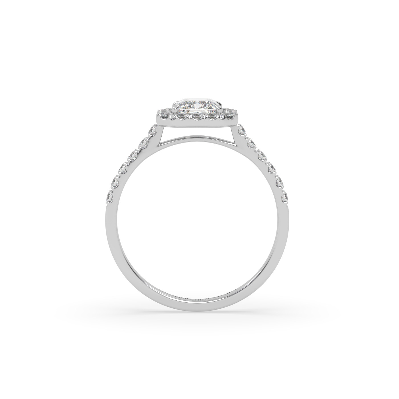 18k white gold  radiant cut halo style diamond engagement ring with pave band