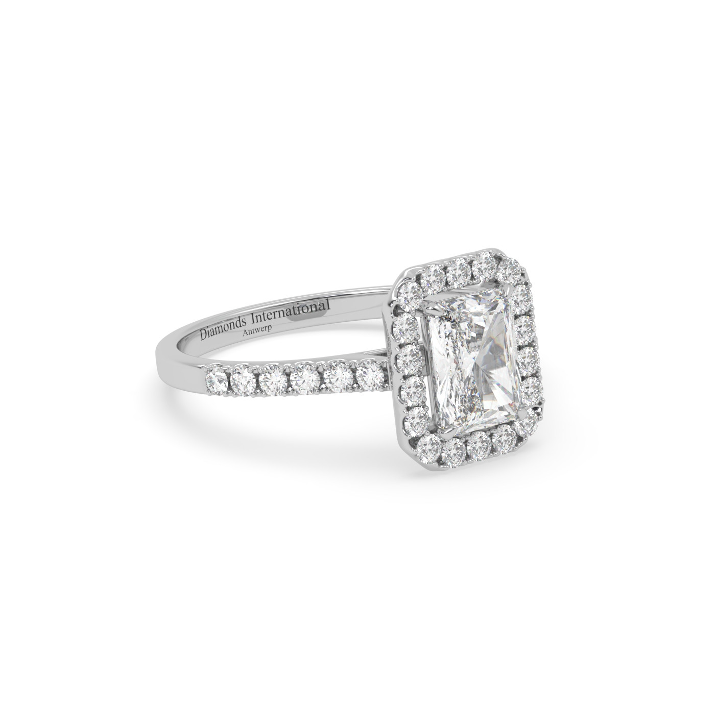 18k white gold  radiant cut halo style diamond engagement ring with pave band