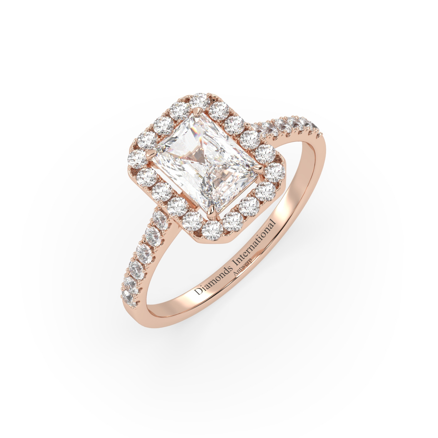 18k rose gold  radiant cut halo style diamond engagement ring with pave band
