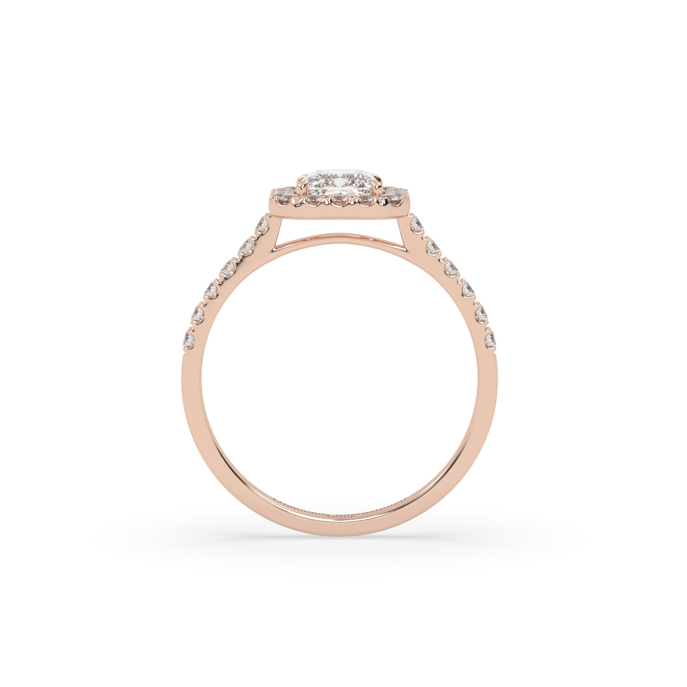 18k rose gold  radiant cut halo style diamond engagement ring with pave band