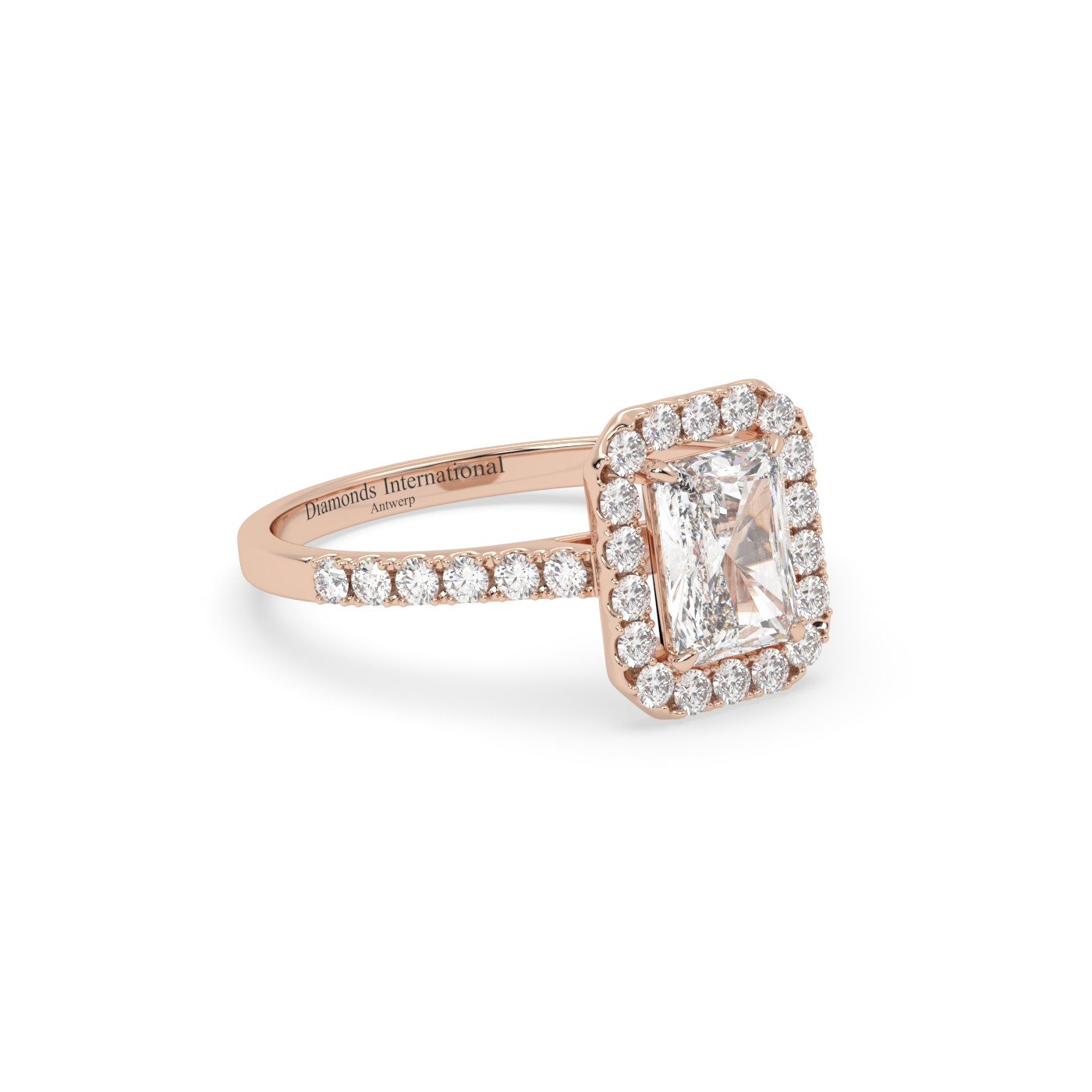 18k rose gold  radiant cut halo style diamond engagement ring with pave band