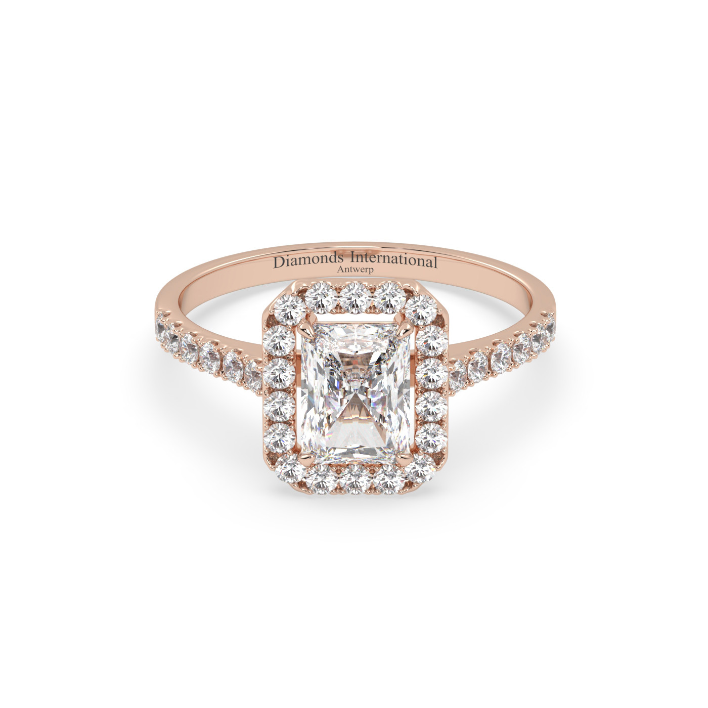 18k white gold  radiant cut halo style diamond engagement ring with pave band Photos & images