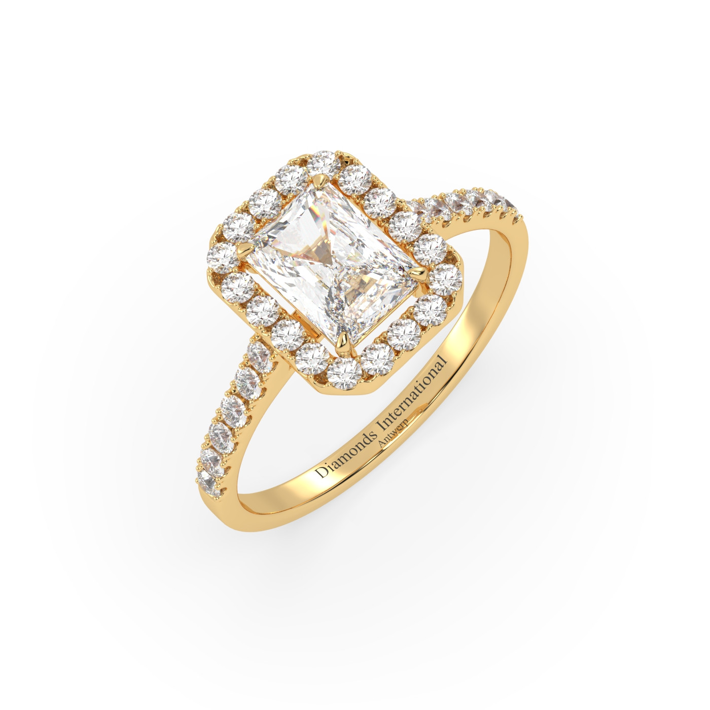 18k yellow gold  radiant cut halo style diamond engagement ring with pave band