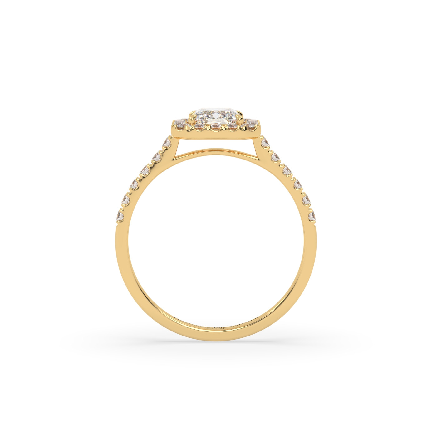 18k yellow gold  radiant cut halo style diamond engagement ring with pave band