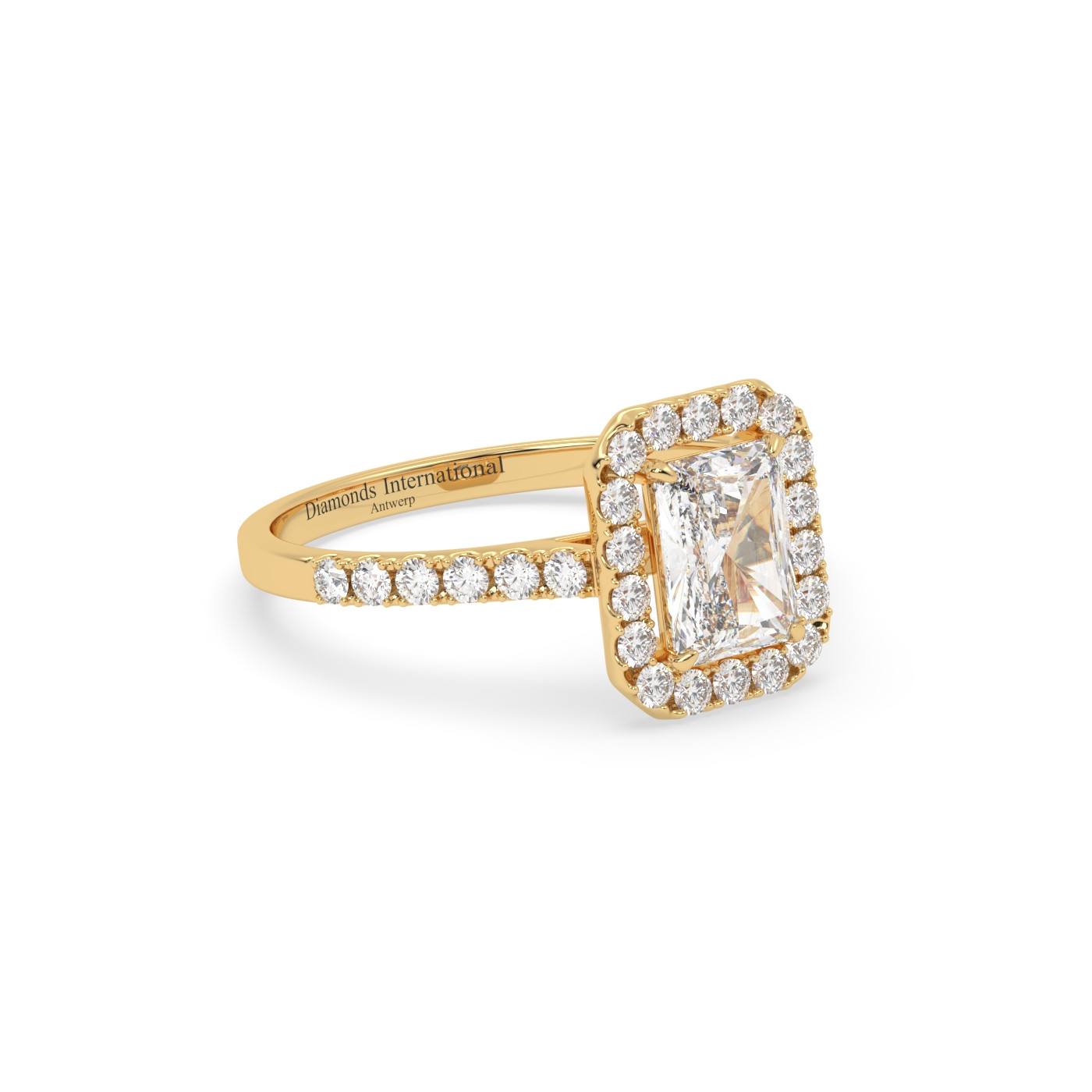 18k yellow gold  radiant cut halo style diamond engagement ring with pave band