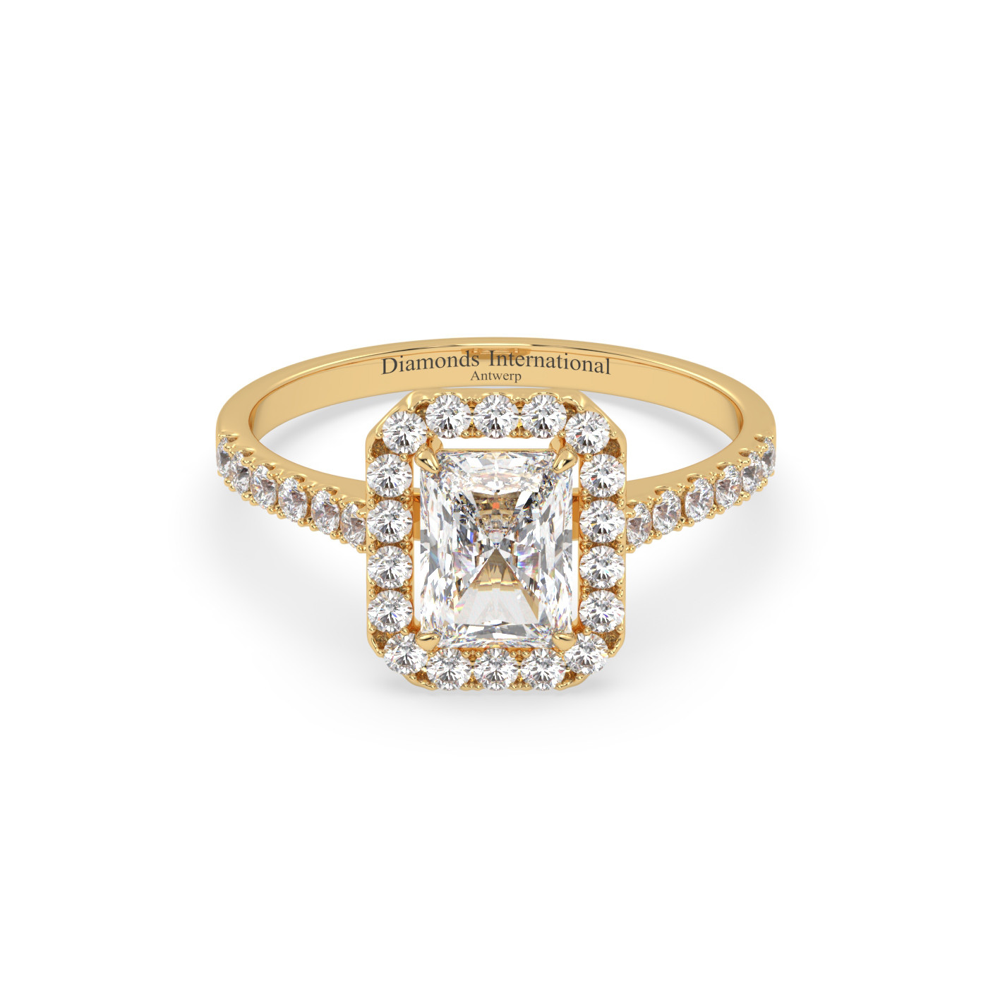 18k white gold  radiant cut halo style diamond engagement ring with pave band Photos & images