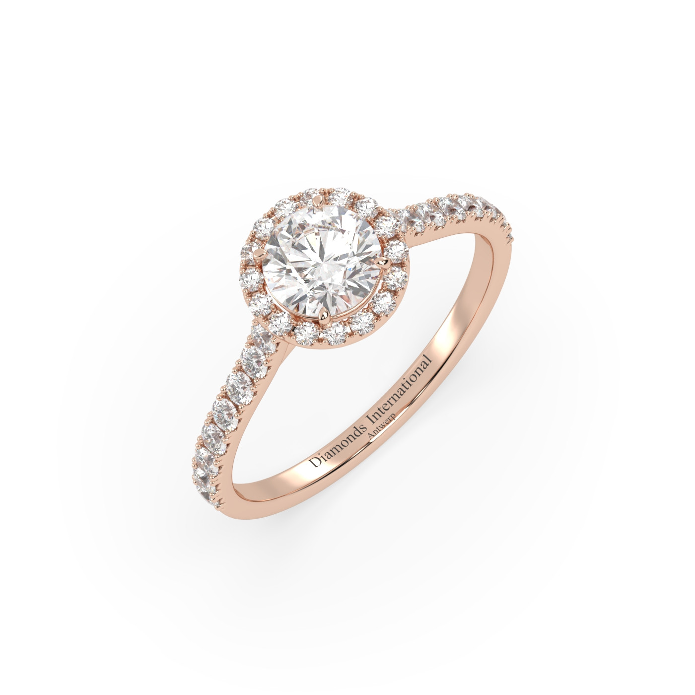 18k rose gold  round cut halo pave set diamond ring