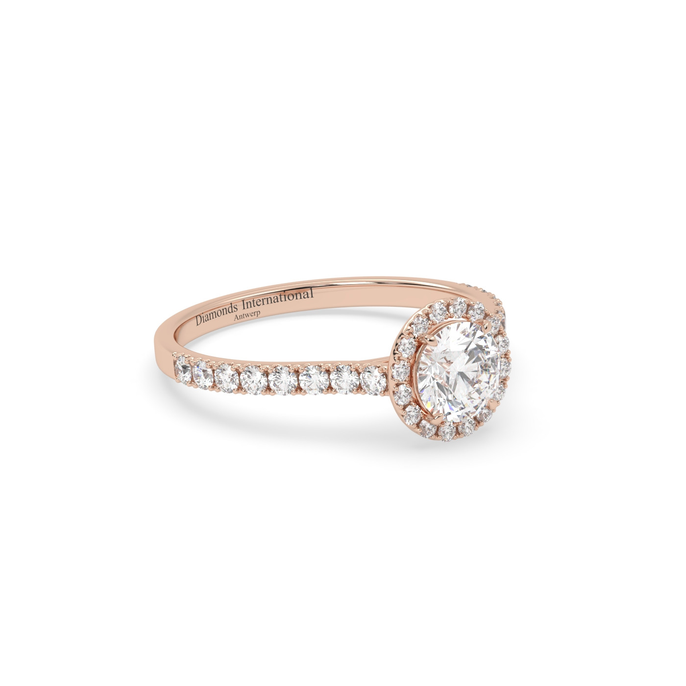 18k rose gold  round cut halo pave set diamond ring