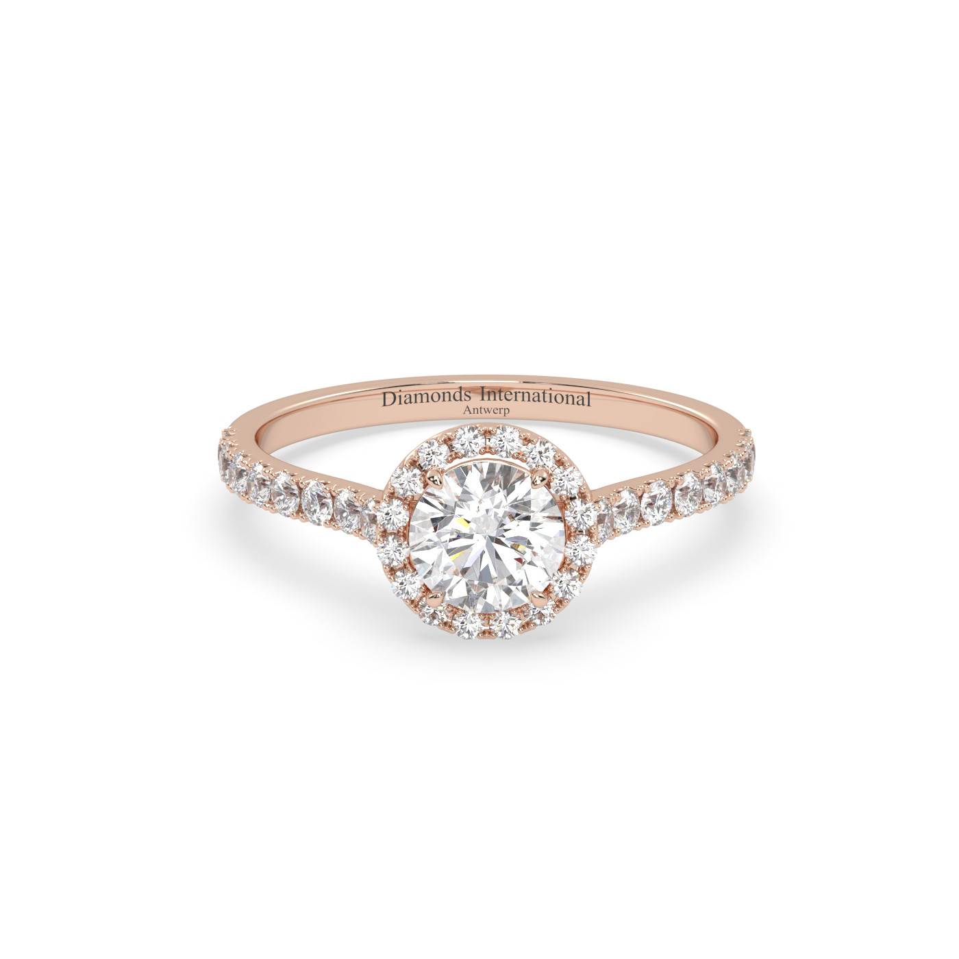 18k rose gold  round cut halo pave set diamond ring