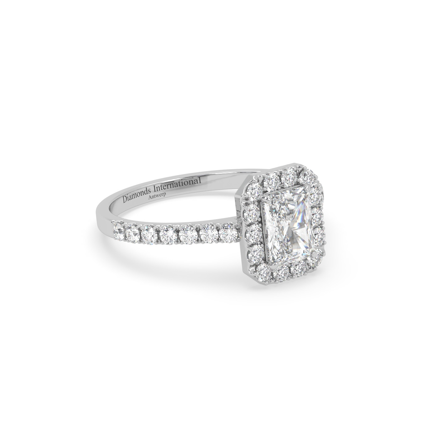 18k white gold  emerald cut halo set diamond ring