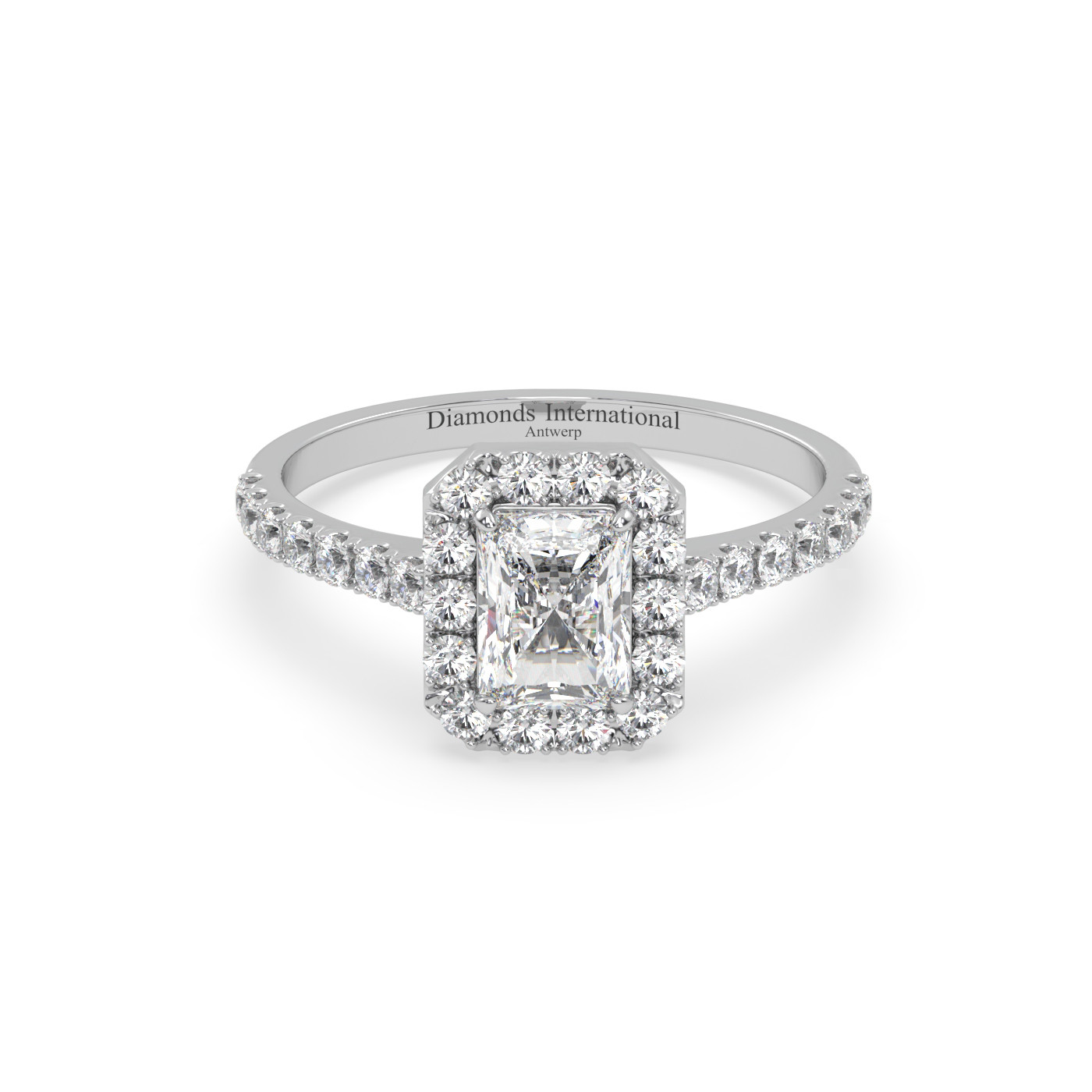 18k white gold  emerald cut halo set diamond ring
