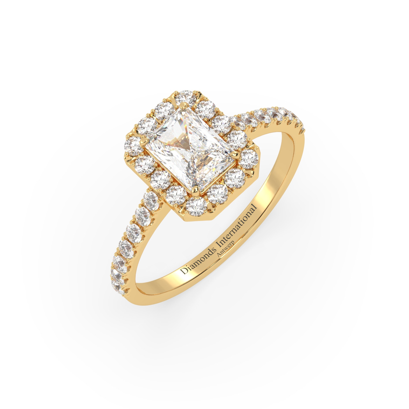 18k yellow gold  emerald cut halo set diamond ring