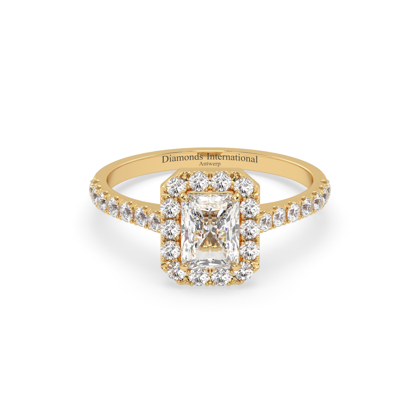 18k yellow gold  emerald cut halo set diamond ring