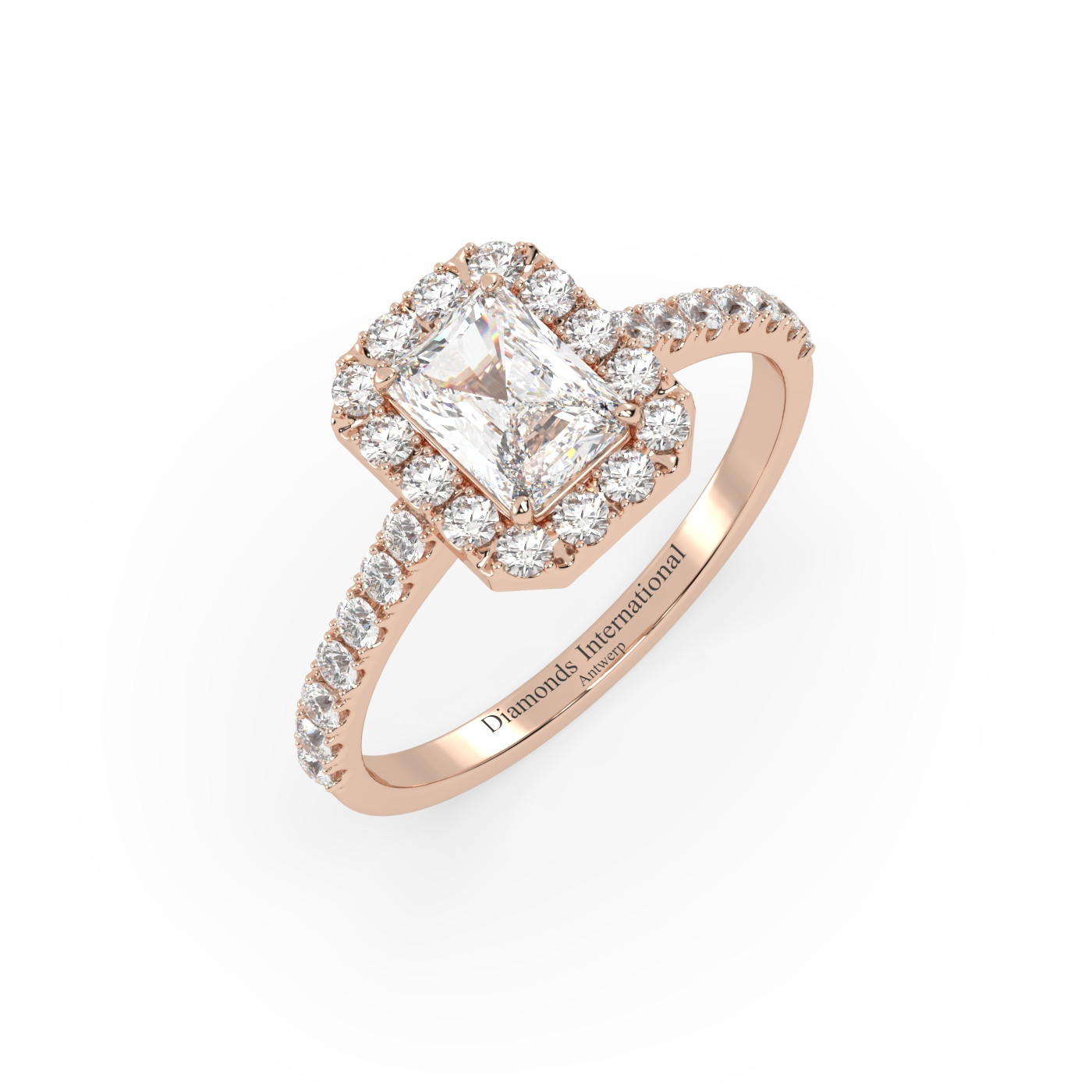 18k rose gold  emerald cut halo set diamond ring