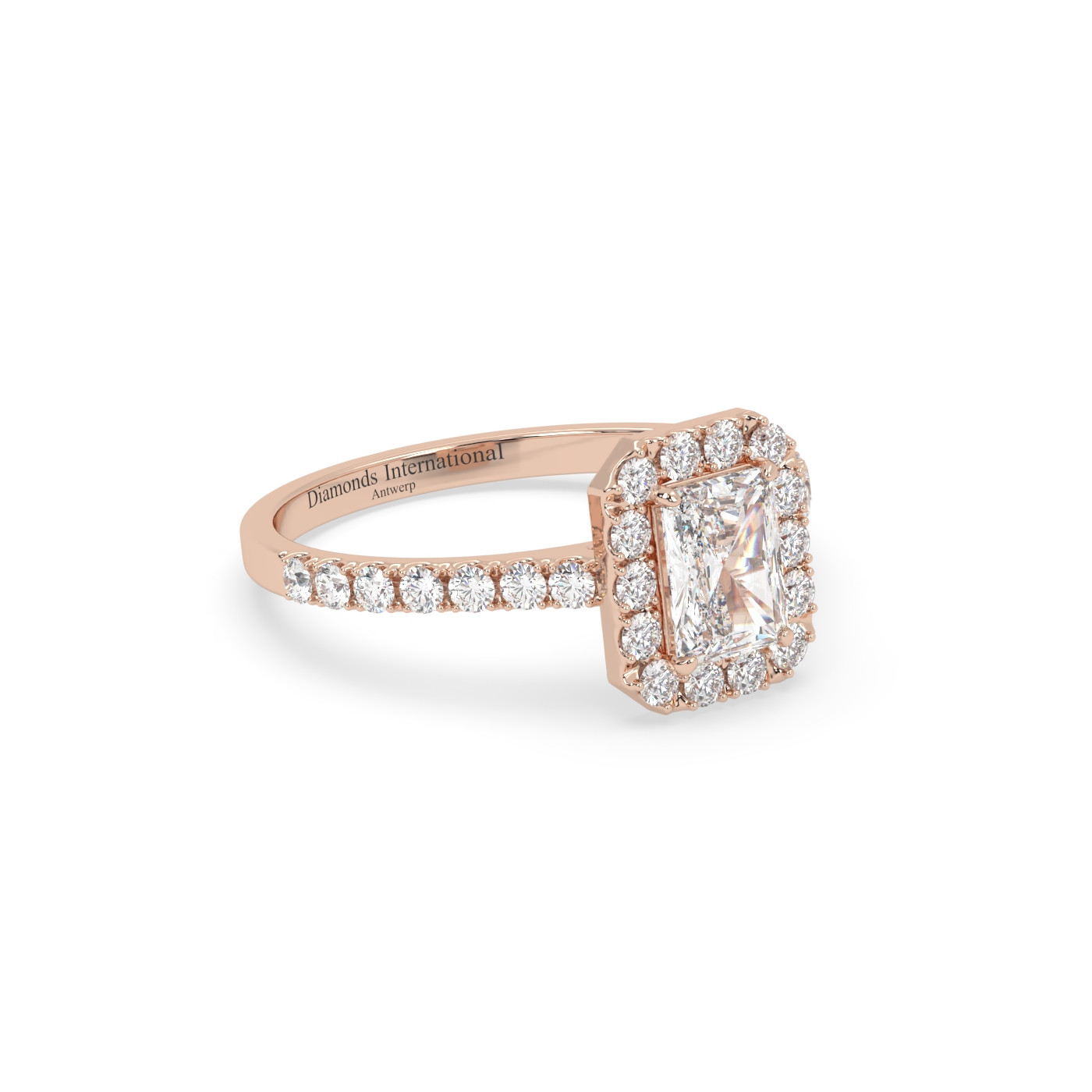 18k rose gold  emerald cut halo set diamond ring