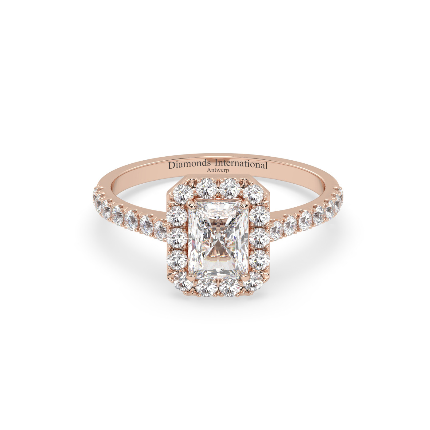 18k rose gold  emerald cut halo set diamond ring