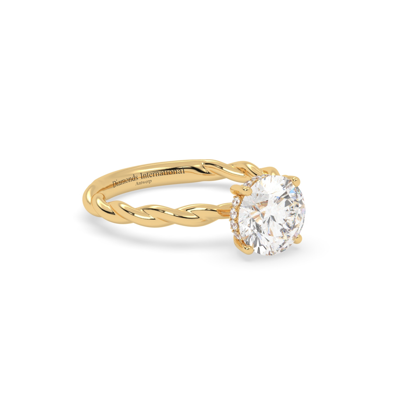 18k yellow gold  round cut solitaire braided diamond ring