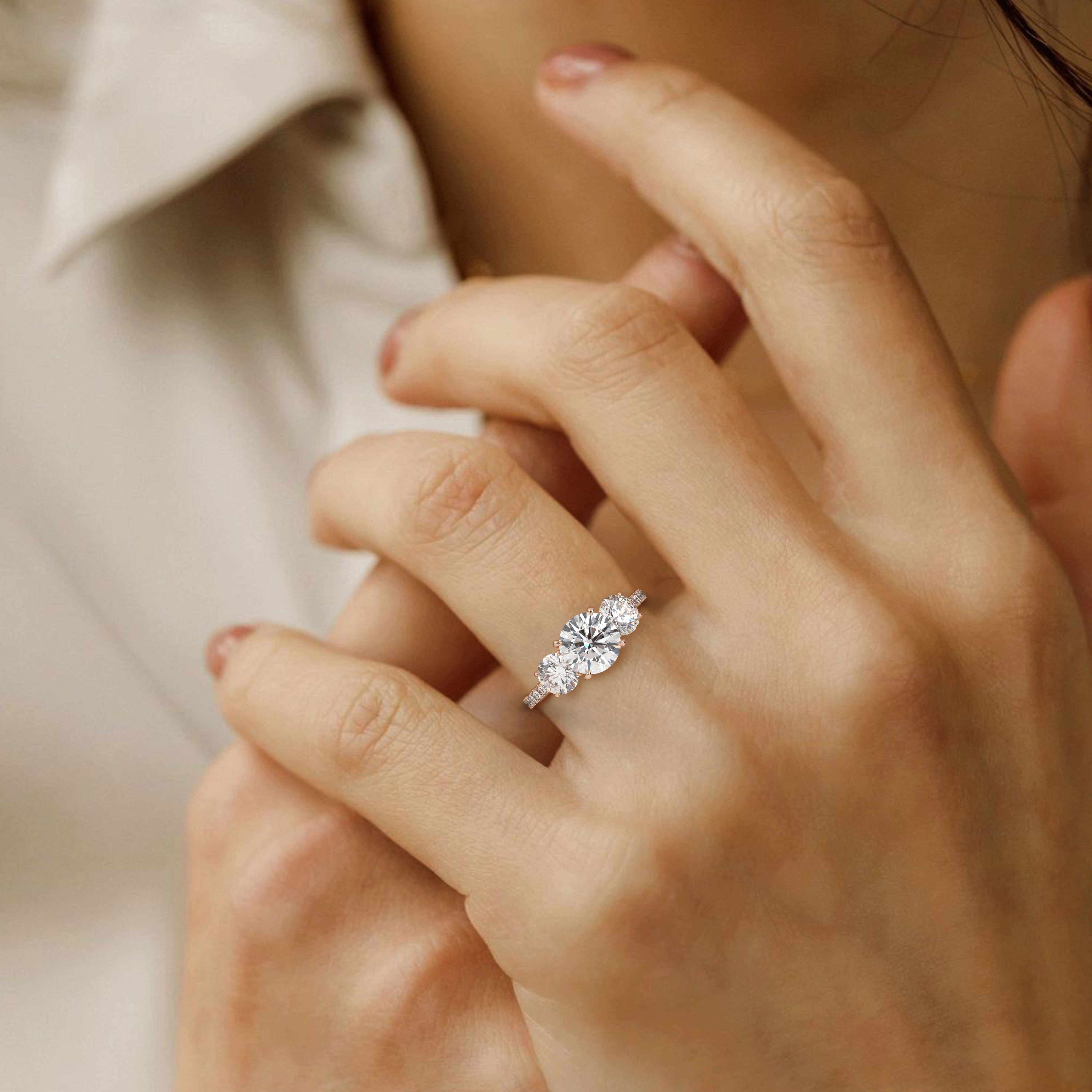 18k rose gold  round cut diamond ring with side stones